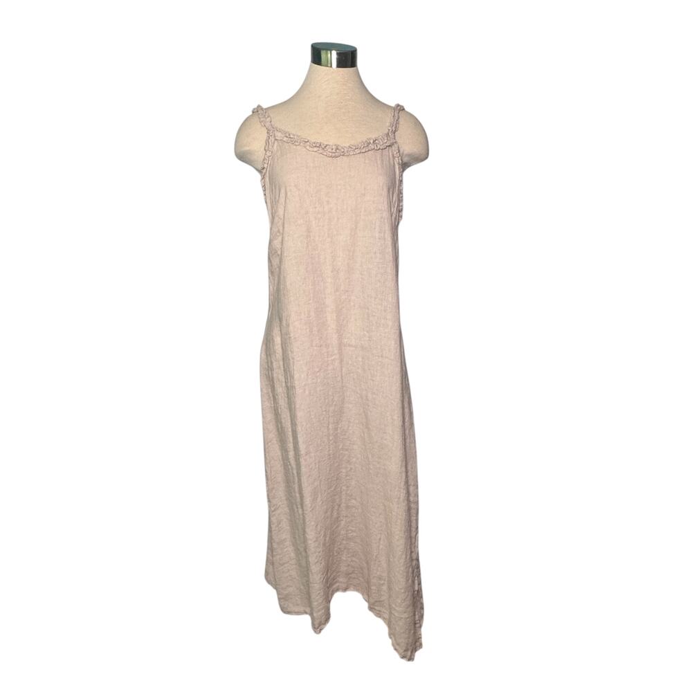 Francesca Bettini 100% Linen Maxi Dress Beige Ruffle Strap Size Medium
